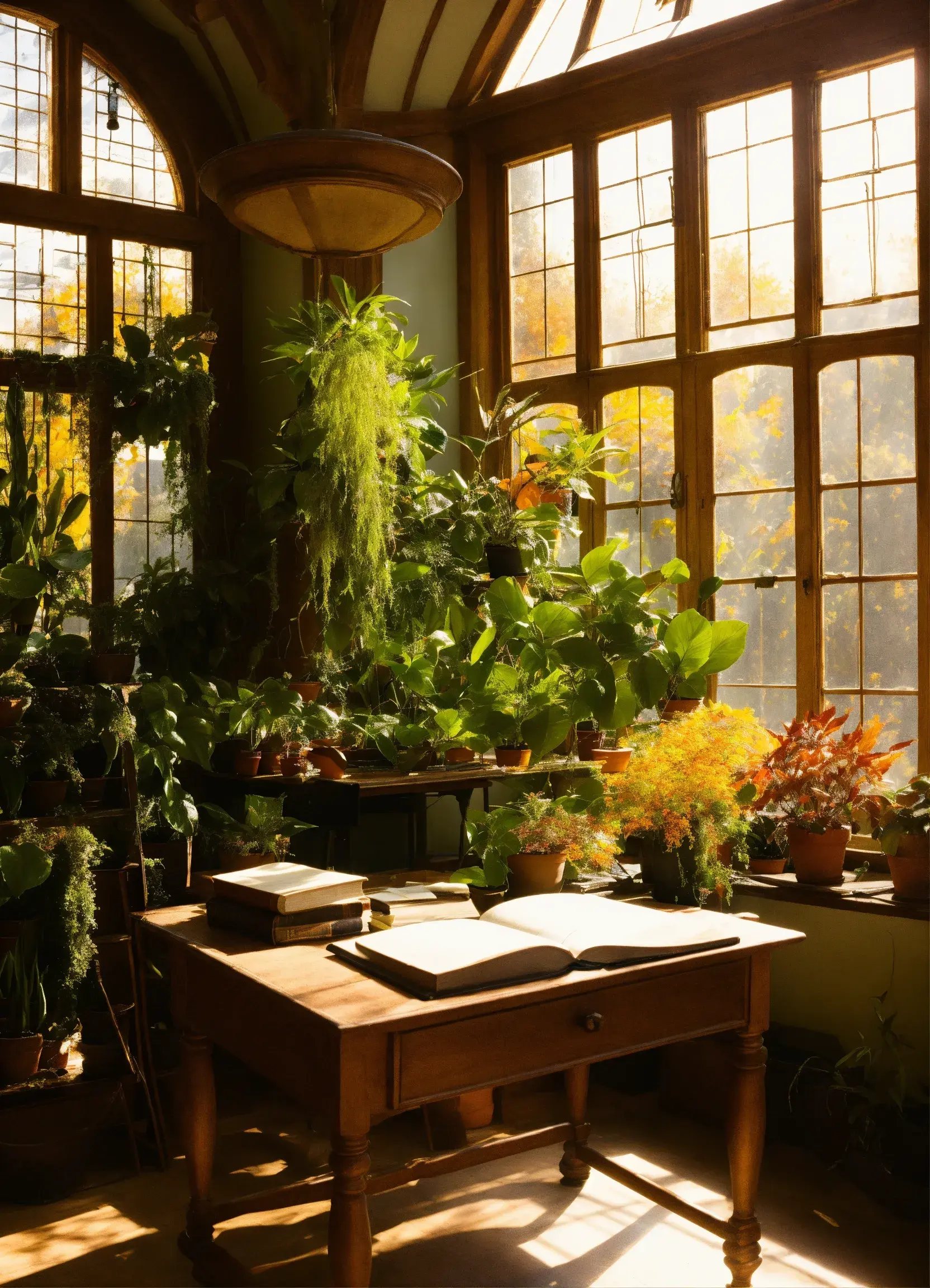 Woonkamer met grote ramen en veel planten