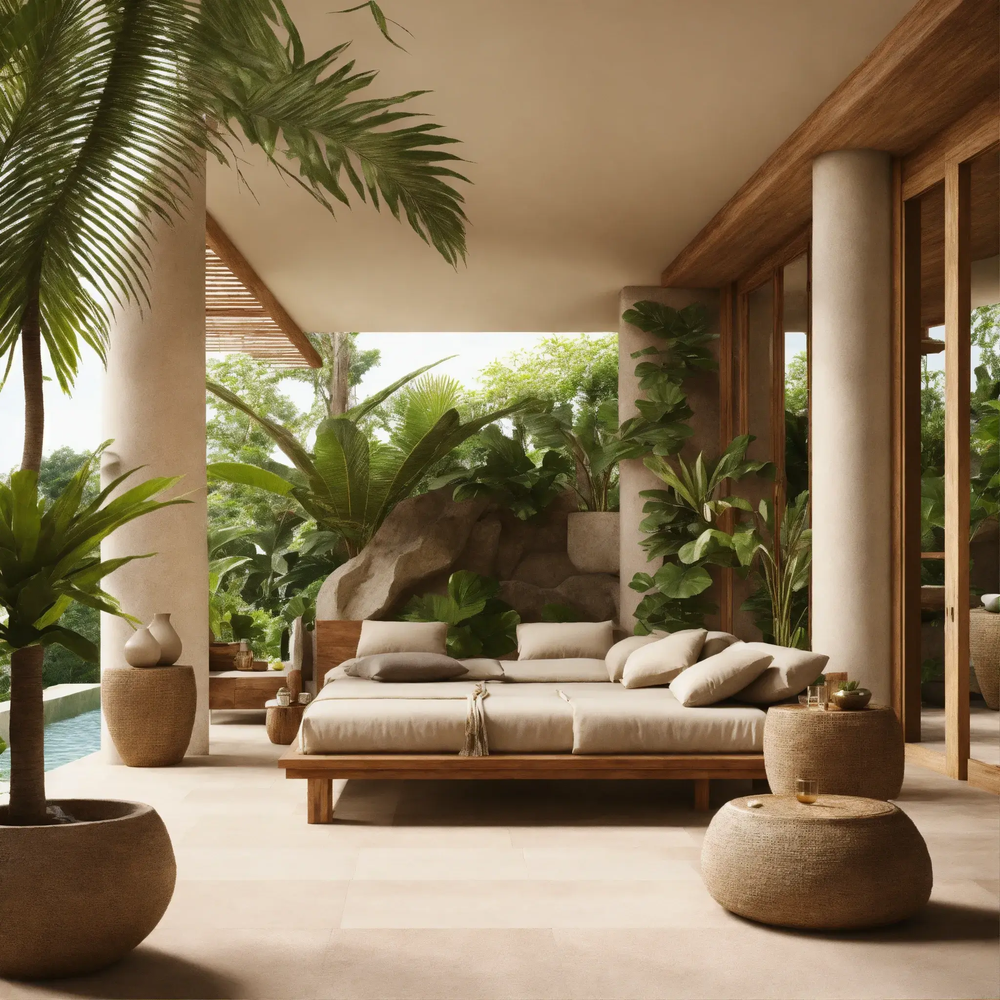 Slaapkamer met linnen beddengoed en bamboe accenten